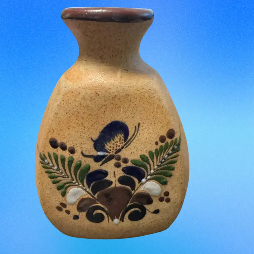 Tonalla Vase With Butterfly And Bird, Signed 6”