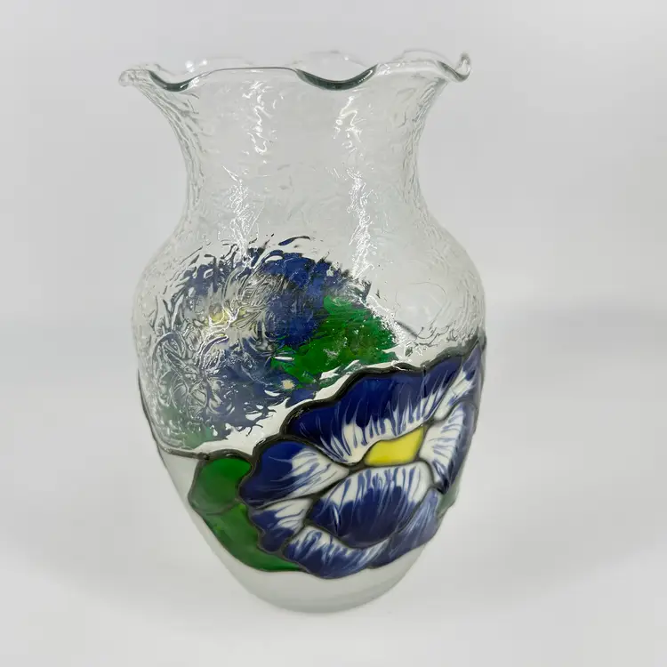 Floral Enamel Clear Glass Ruffled Vase