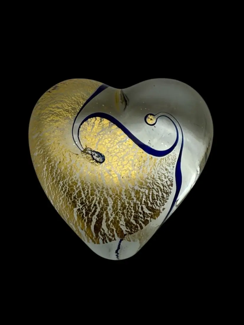 Robert Held Art Glass Heart Gold Foil and Blue Paperweight