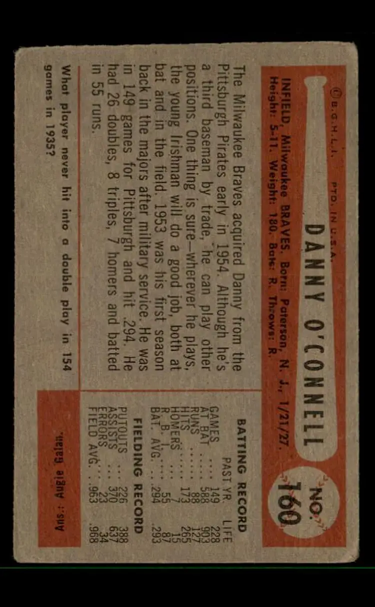 1954 Bowman #160 Danny O'Connell - (pk-tl3) - Milwaukee Braves
