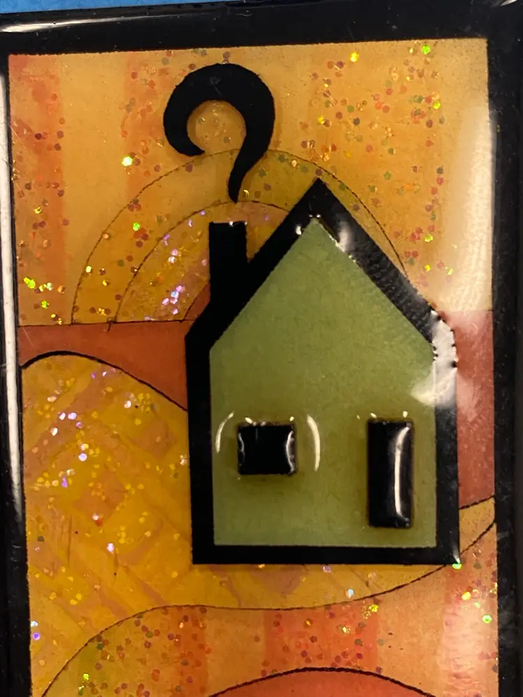 LUCINDA House Pin ~ Green House Outlined In Black With Smoke Coming Out Of Chimney