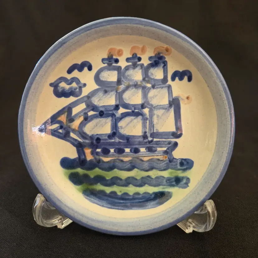 Art Pottery Coaster Clipper Ship Signed M. A. Hadley Pattern 4¼" Stoneware Vintage