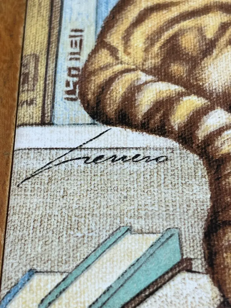 Signed Lowell Herrero 1982 Cat on Bookshelf Framed Tile - 9.5"