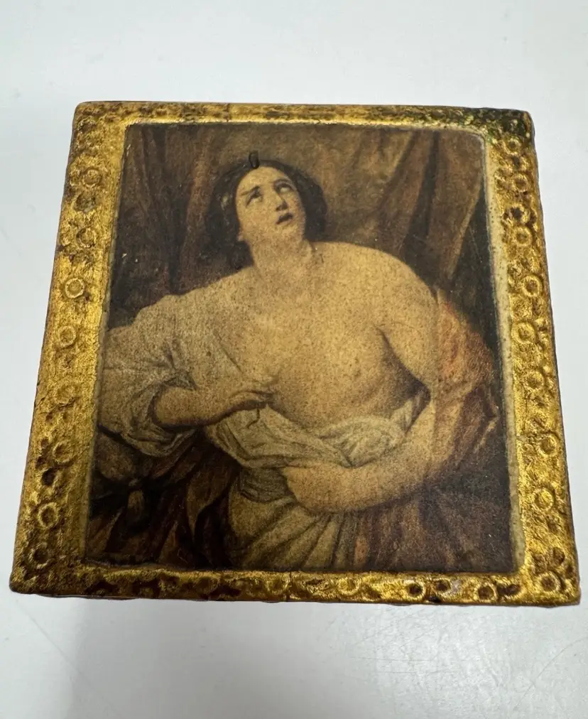 Vintage Florentine Italy Mini Trinket Box Gilted Gold Cleopatra Art 2 X 2.5”
