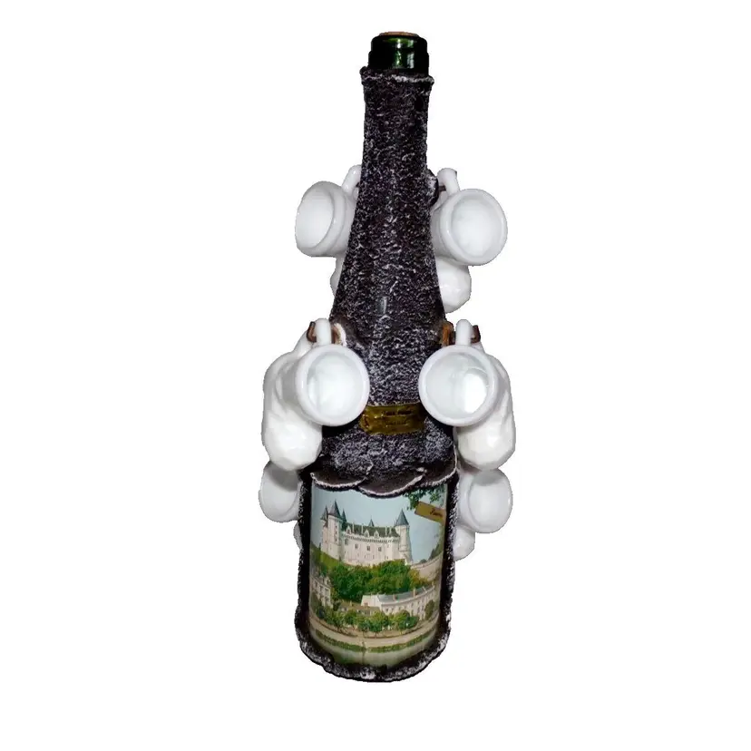 German Kozoil Bark Wine Bottle Decanter & Milk Glass Boot Shot Glasses Set OOAK