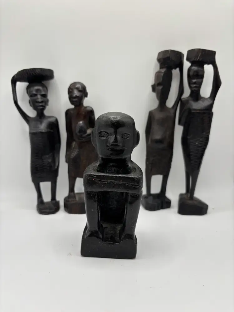 Vtg Hand Carved African Ebony & bulul figurines Set of 5 total