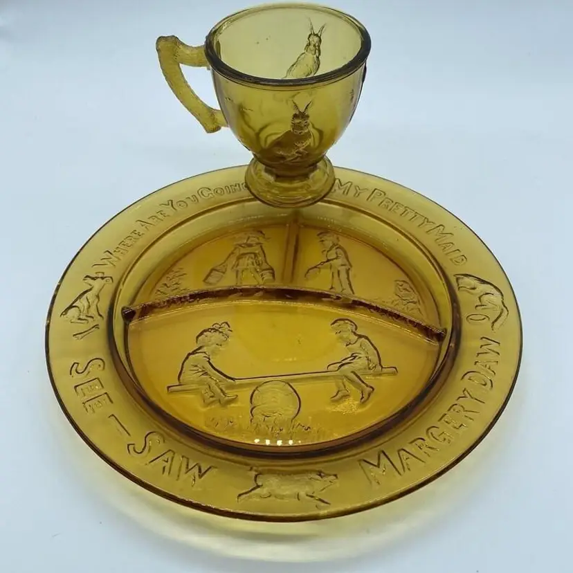 #1109 Vintage Amber Pressed Glass Child's Mug and Plate Nursery Rhyme Rabbit Spring Bunny