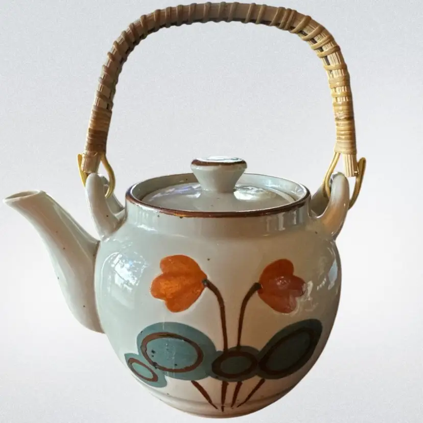 Vintage Otagiri Teapot Persimmon Mid-Century Japan Green Stoneware Bamboo Handle