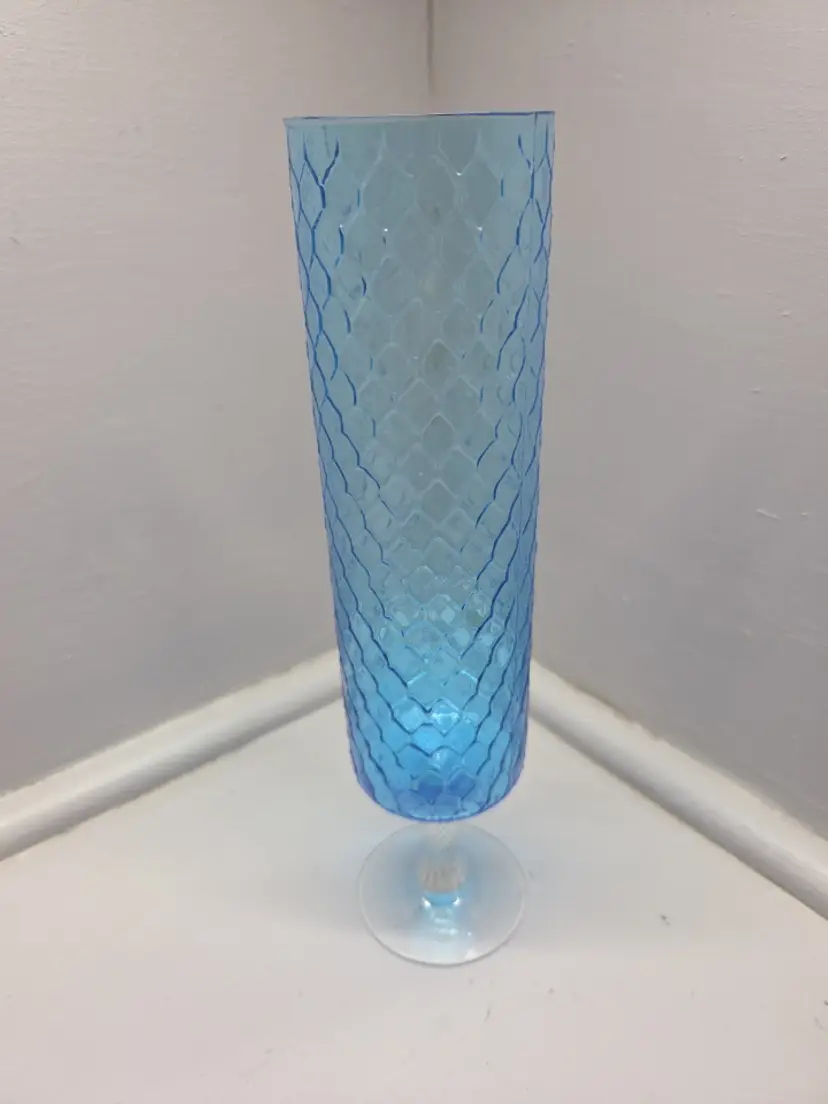 Vintage Blue Pressed Glass Hexagon Stemware Vase &Clear Glass Base 9" Honeycomb