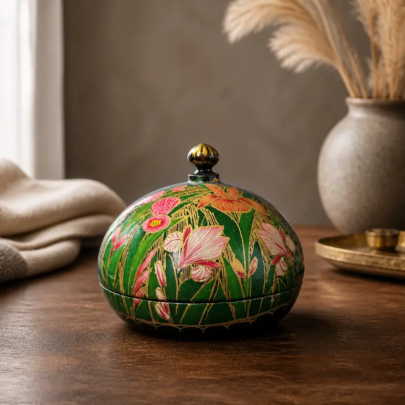 Vtg Handmade Lacquered Paper Mache Trinket Box, Made In Kashmir, India