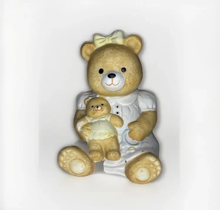 Vintage Ceramic Teddy Bear Night Light Girl Holding Baby Nursery Decor