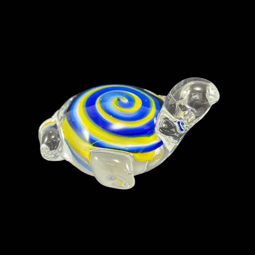 Blue And Yellow Swirled Glass Turtle Paperweight, Swirl Glass Turtle Figurine