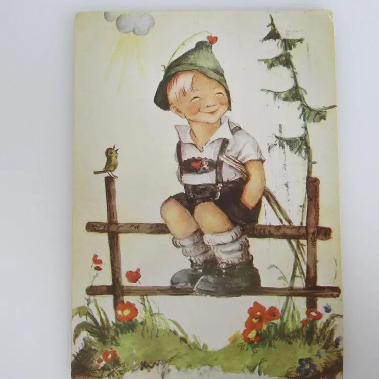 Vintage 1975 Hummel postcard of boy on fence