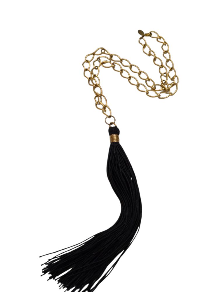 Vintage Signed Bee Charming NOS Black Silk Cord Huge Tassel Link Chain Necklace