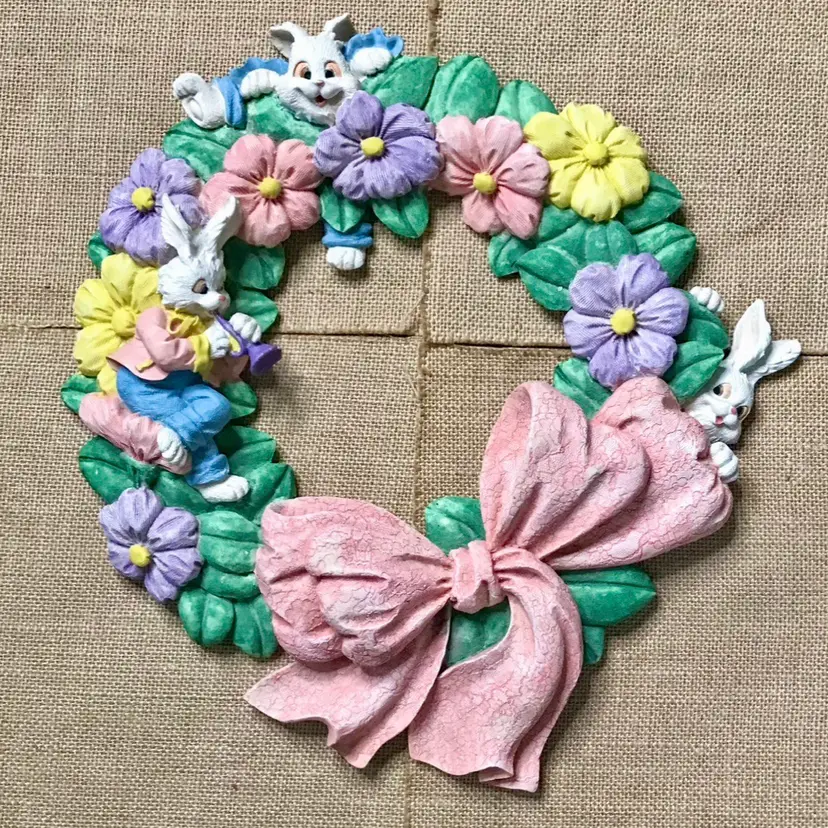 Vintage York Bunny Rabbit Floral Resin Wreath Wall Hanging Easter Kitsch Whimsy