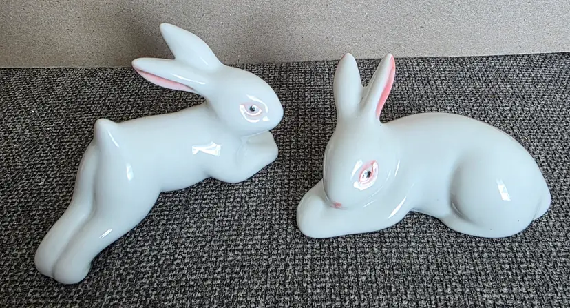 Pair of Vintage Ceramic Rabbit Figurines with Pink Eyes