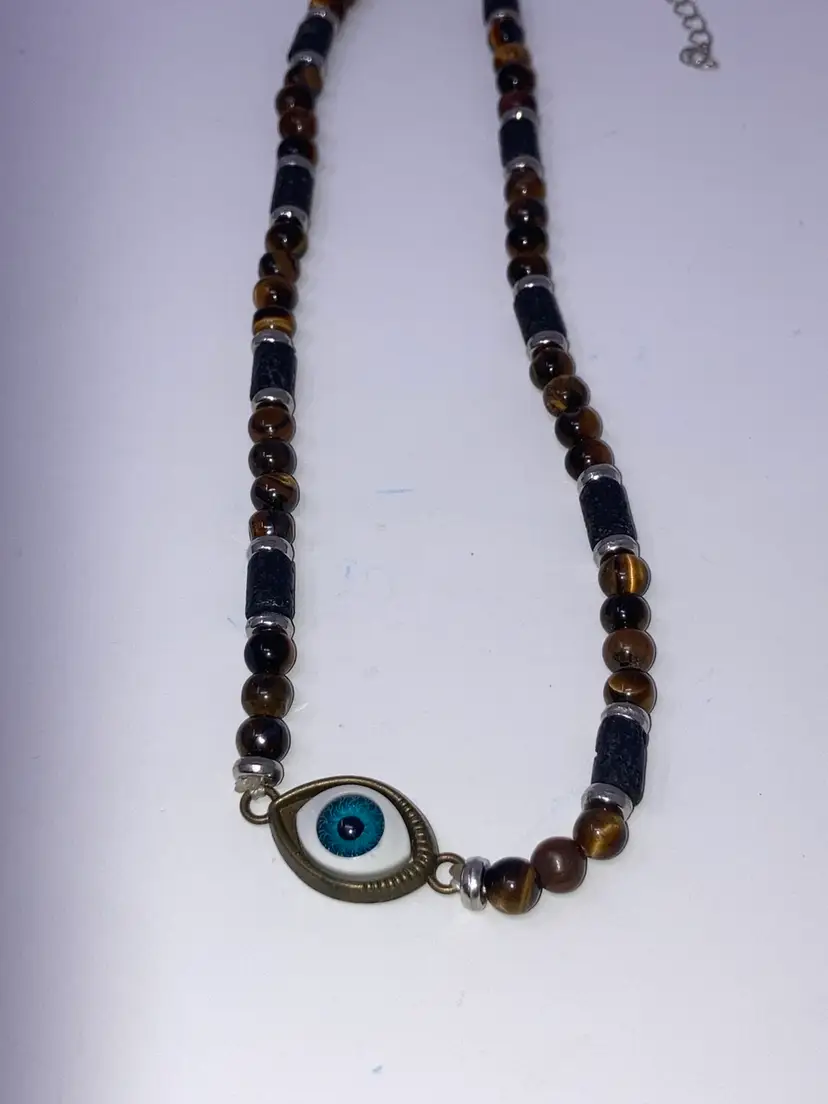 Evil Eye Pendant With Tiger Eye and Lava Rock Beads Necklace! 16” Plus A 3” Extender!