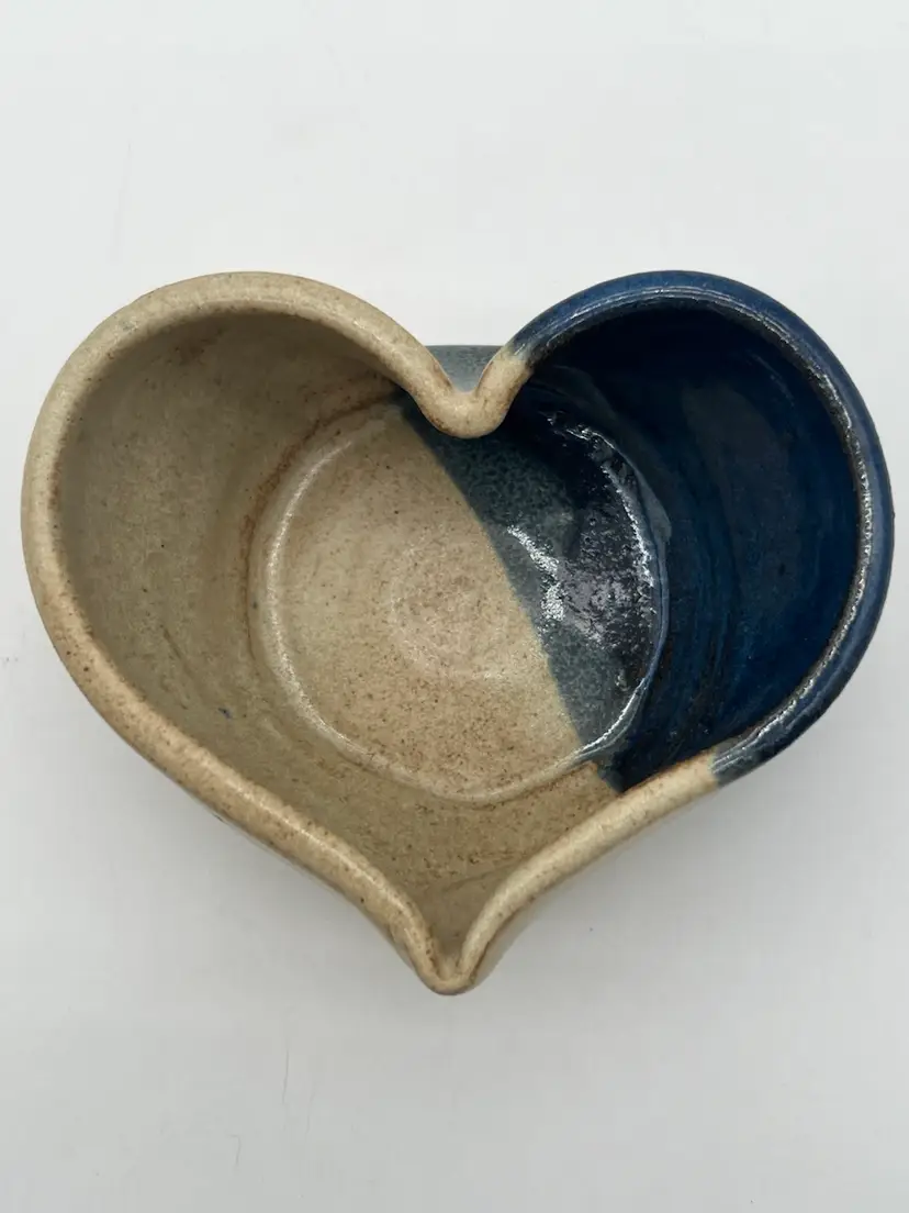 Heart Shaped Two Tone Glaze Signed Pottery Bowl