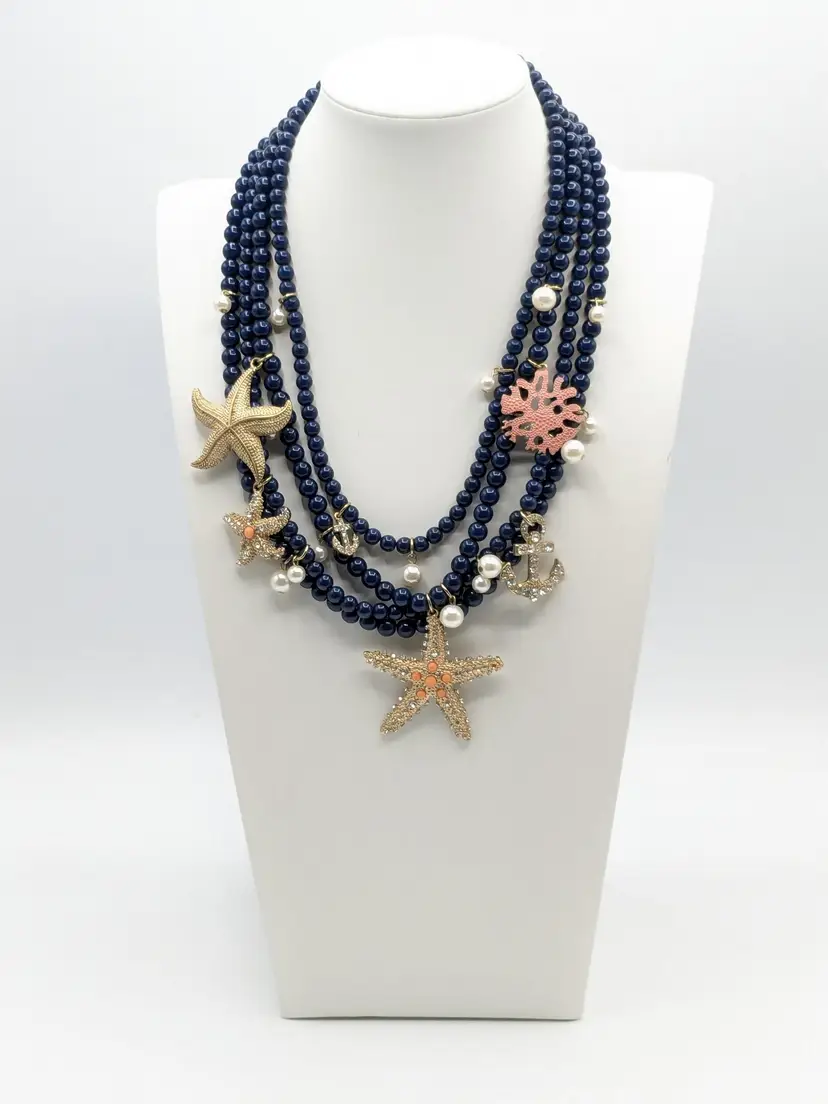 Nautical Themed Multi-Strand Necklace with Starfish and Anchor Charms Beach Jewelry