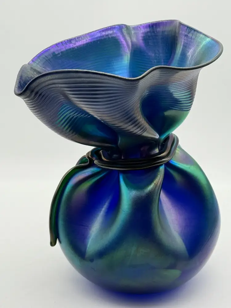 Orient & Flume David Smallhouse Art Glass Blue Iridescent Bag Vase