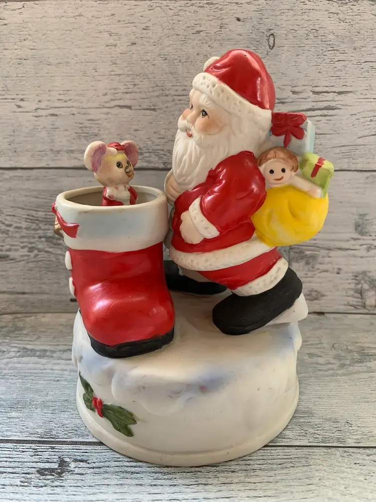 Christmas Santa Claus W/toys & Stocking Musical Figurine Taiwan UOGC