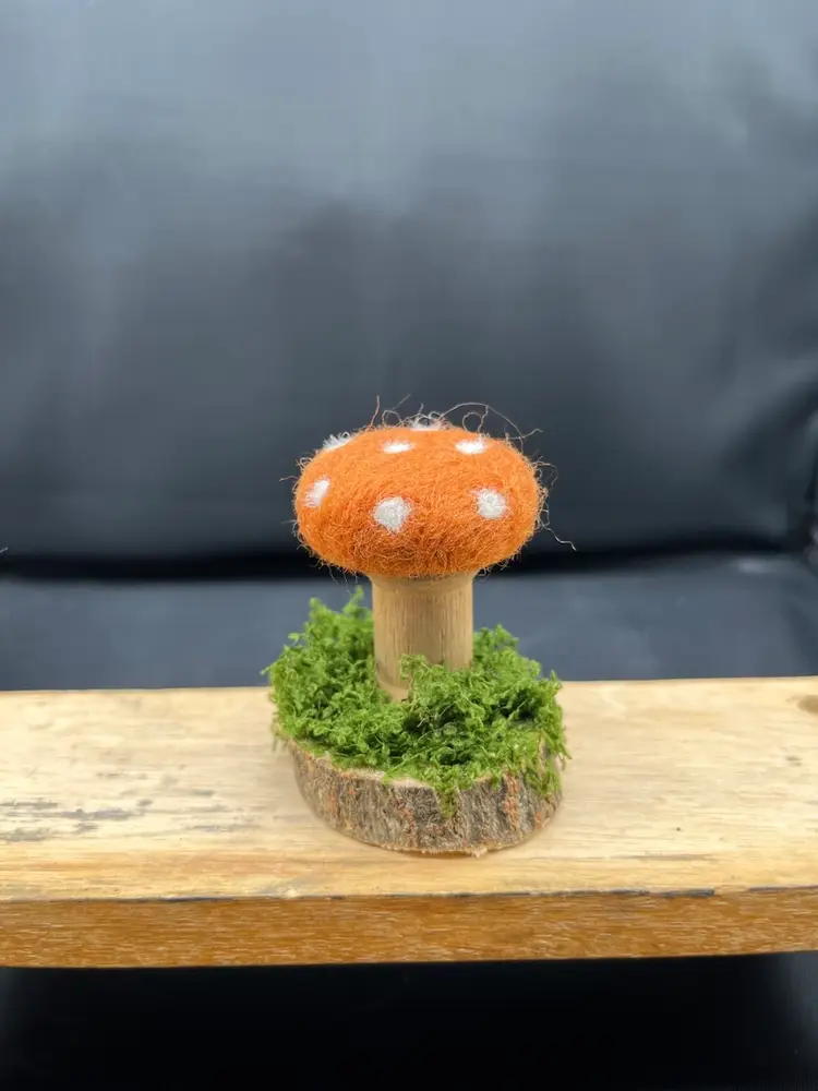 Made By Me Needle Felted Mushroom With Vintage Wood Spool Stem 2.5” X 2”