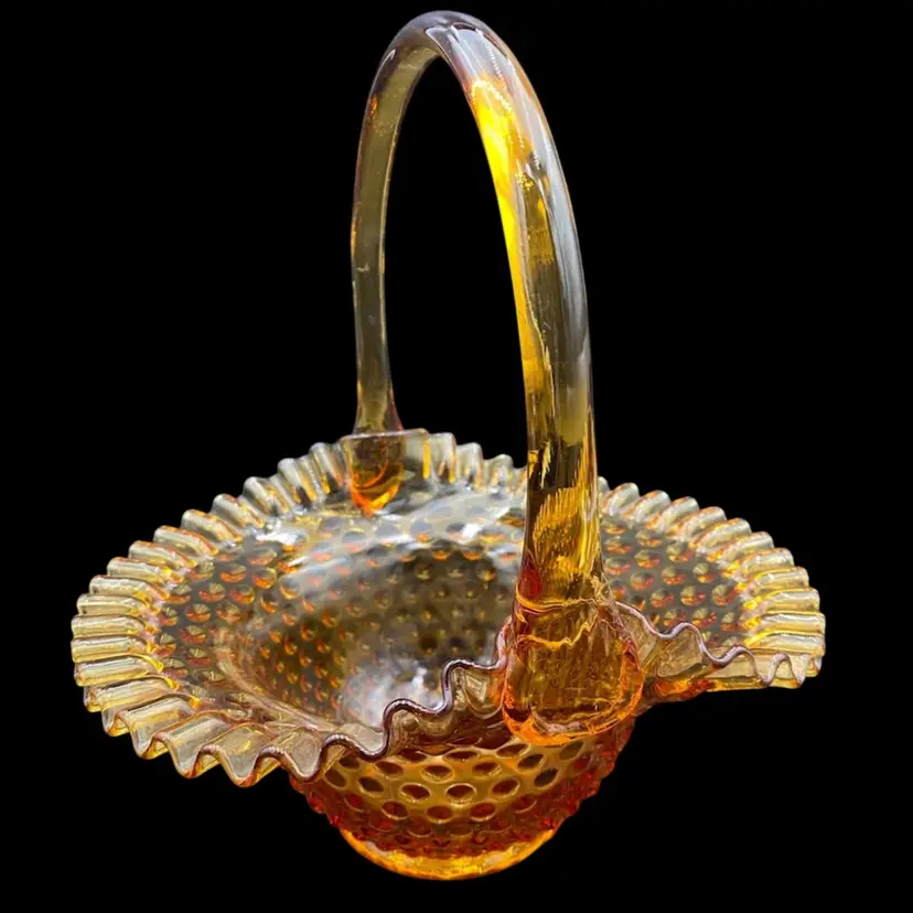 Vintage Fenton Colonial Amber Hobnail Basket, Large 10", #389/3830, Crimped, MINT