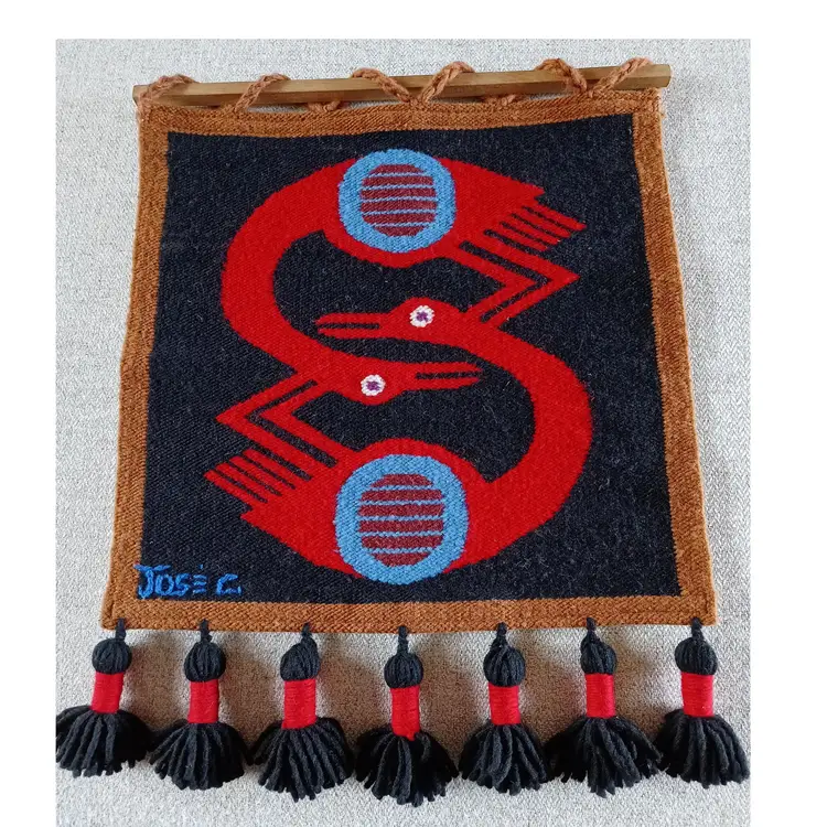 Jose Cotacachi Vintage Wool Tapestry Bird Motif Ecuadorian Folk Art Weaving