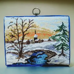 Vtg Needlepoint Country Winter Snow Evergreen Scene Velvet Ribbon Completed OOAK