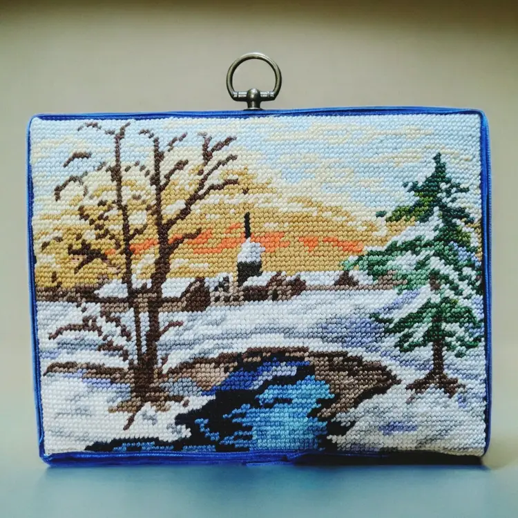 Vtg Needlepoint Country Winter Snow Evergreen Scene Velvet Ribbon Completed OOAK