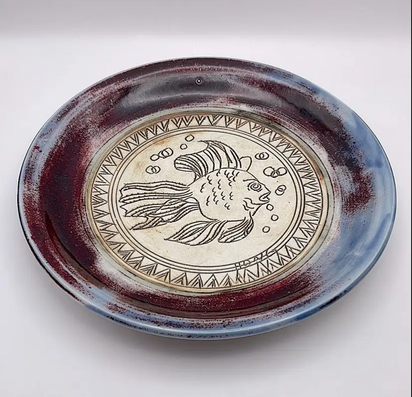 Handmade Pottery Plate with Etched Goldfish, 10.5”, Colorful Glaze, Signed