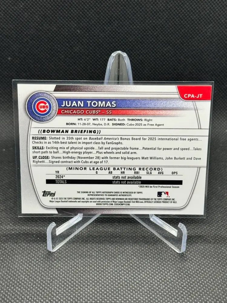 Juan Tomas 2025 Bowman Chrome /99 Green Refractor Auto 1st Chicago Cubs