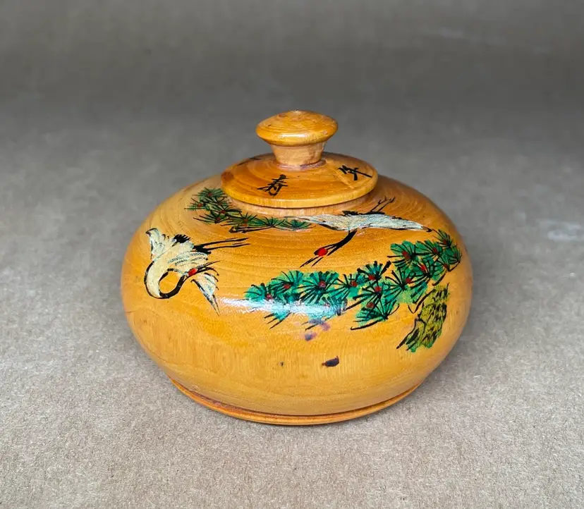 Japanese Hand Turned Painted Wooden Tea Caddy Good Fortune Longevity Wedding Favor