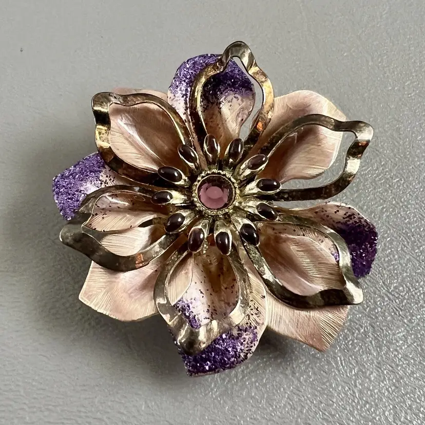Vintage Gold Tone Floral Flower Brooch Purple Rhinestones & Small Cabochons 2.25"