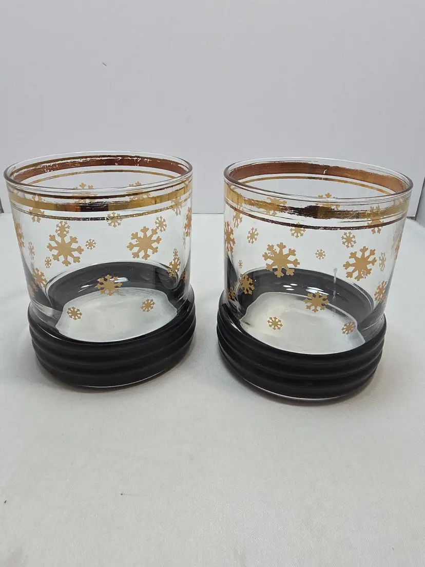 Snowflake MCM Old Fashioned Rocks Glasses Set of 2 Black Base Gold Rim (N)