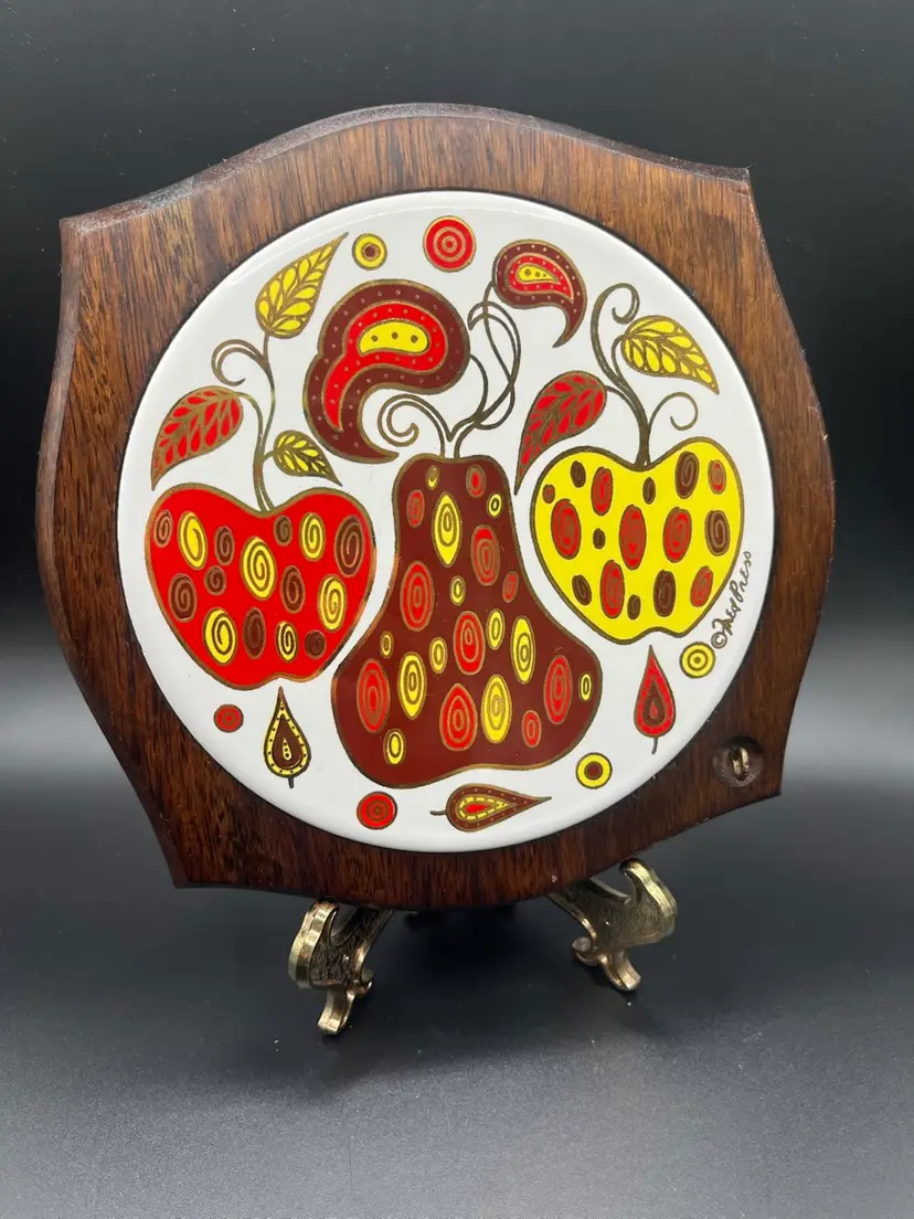 MCM Fred Press Ceramic Cheese Board Trivet Wood Frame Retro Apples Pear 7.5" Red Yellow Gold Mid Century