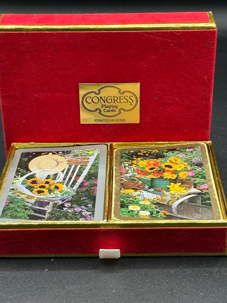 Vintage Congress Playing Cards Flowers Double Deck Red Case