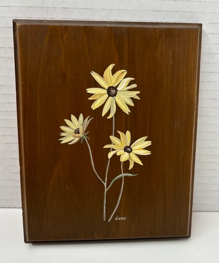Vtg 70s Hand Painted Floral on Wooden Wall Plaque
