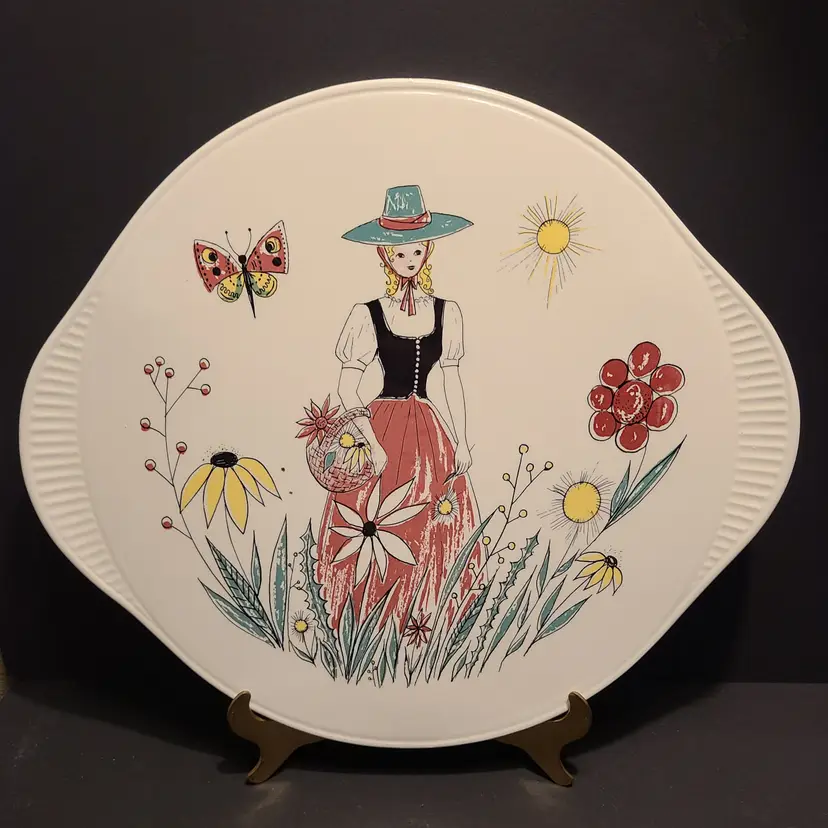 Vintage Edelkeramik Grunstadt Ceramic Cake Serving Platter Country Girl In Wildflowers