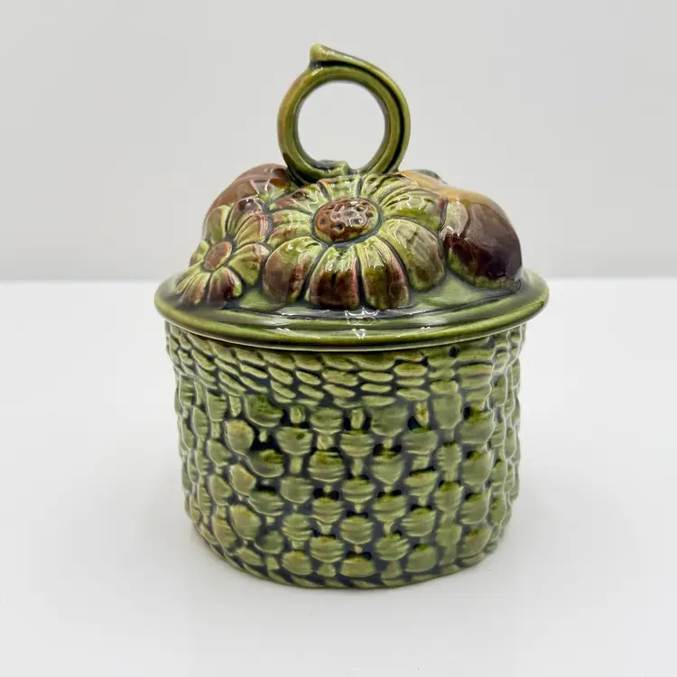 Ceramic Avocado Green Vintage Basket Style Jar With Flower And Fruit Lid