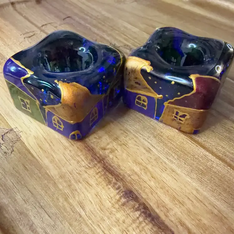 2 Handblown & Hand Painted Cobalt Blue Glass Candle Holders Krakow Poland