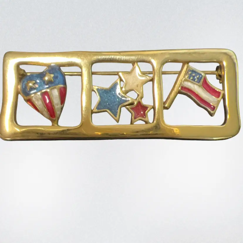 Vintage American Flag Gold Tone Enamel Red White And Blue Brooch, Memorial Day, Flag, USA, Patriotic 3” Wide Marked TC