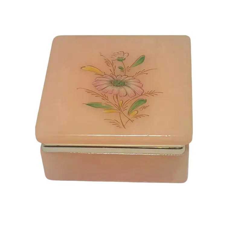 Vtg Alabaster Box Jewelry Trinket Italian Peach Hand Carved No Chips or Cracks