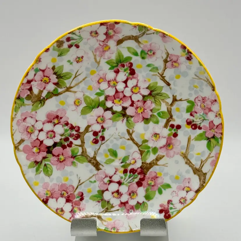 Vintage Chintz Mayfair Pattern Floral Blossom Ceramic Trinket Dish Saucer, Hand-Painted Pink & Green, Gold Trim, Decorative, By Shelley, Made In England, L R Printed