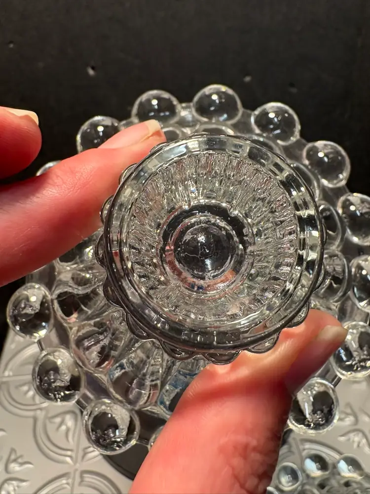 Vintage Anchor Hocking Boopie Berwick Clear Glass Bubble Candlestick Holders And cream and open sugar sun purple