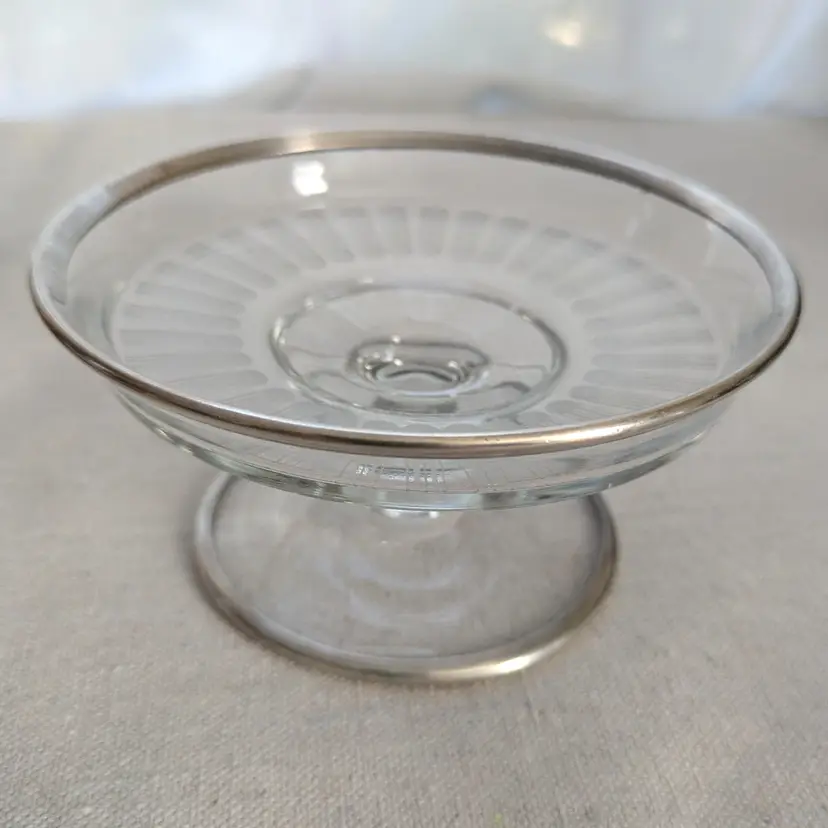 Footed Glass Dish with Sterling Rim Comet Etched Design