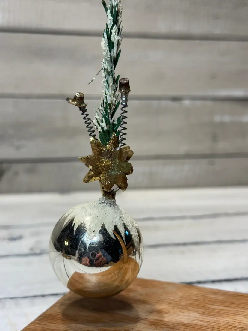 #12 Antique Christmas Victorian Glass Ornament With Paper star and wire candle sticks. 5" long silver ball is  1 1/2"