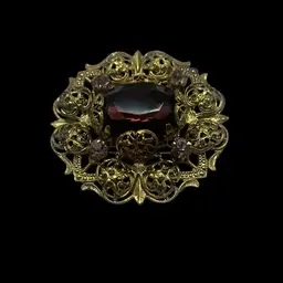 Vintage Czech Amethyst Purple Art Glass Filigree Brooch Pendant, 2”