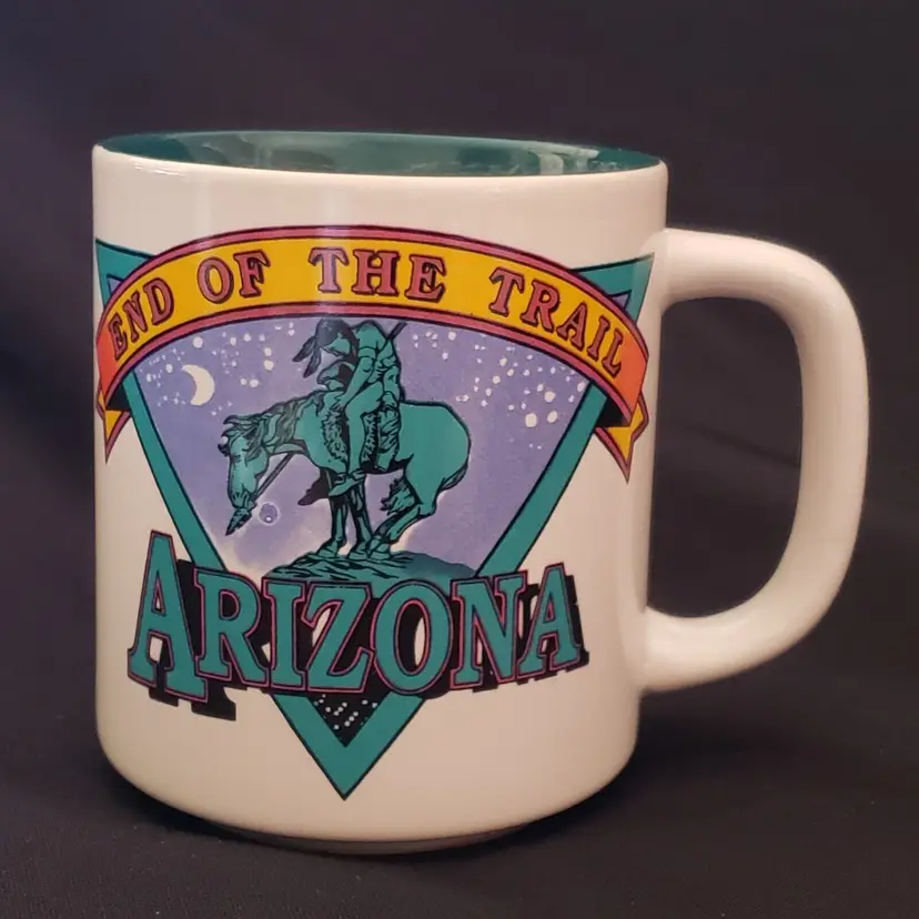 Souvenir End Of The Trail Arizona White Teal Cowboy Country Coffee Mug Vintage 