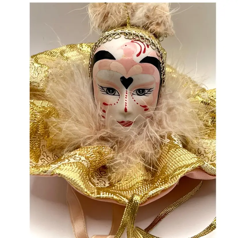 Harlequin Gold Clown Porcelain Face Head Pink Feathers Christmas Ornament 4 in Height